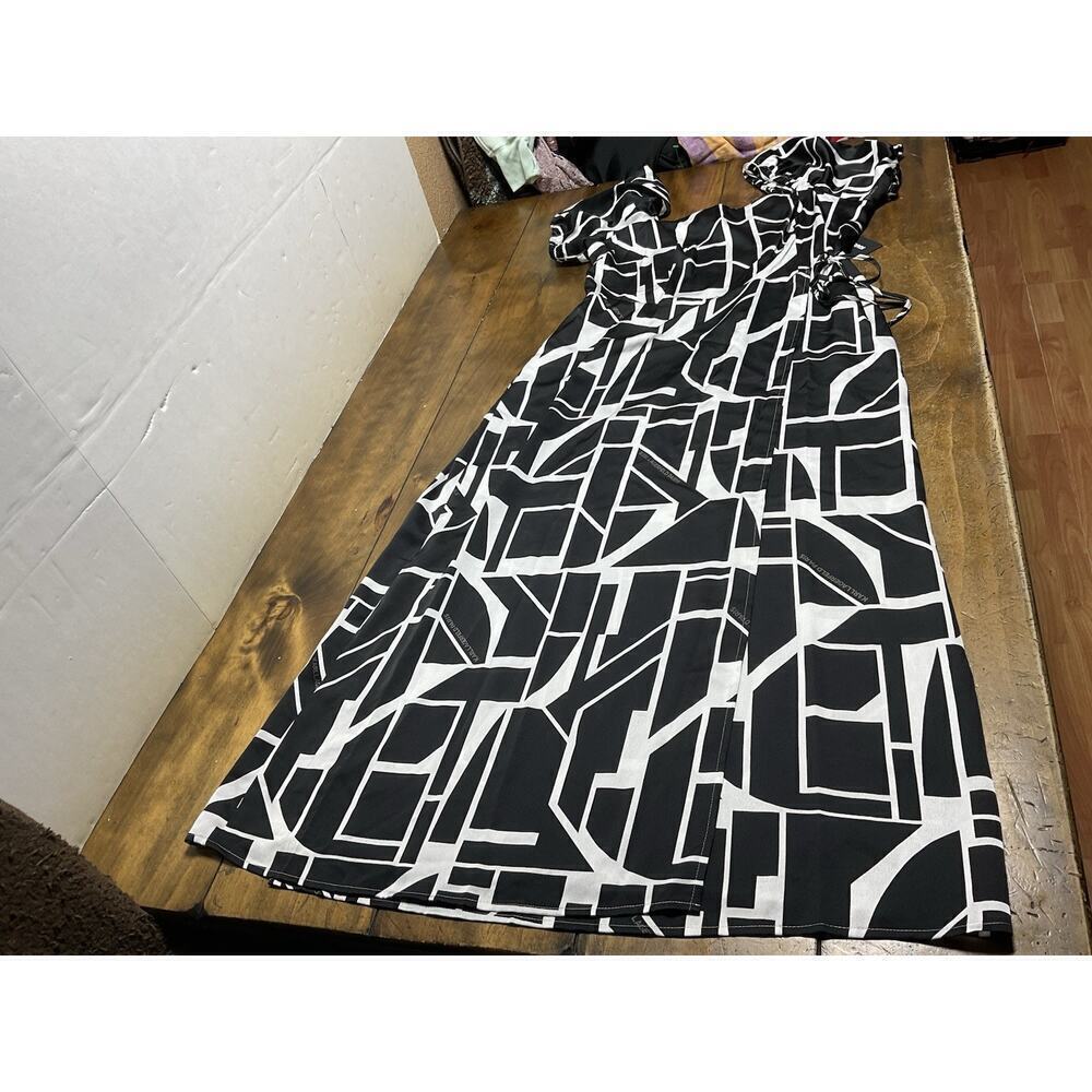 KARL LAGERFELD PARIS Women's Geo-Print Square-Neck Puff-Sleeve Maxi Dress SZ 12